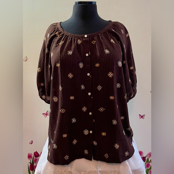 NWT Loft XL Top Brown Momcore Boho Floral Lightweight Button Up Woven - Picture 1 of 7